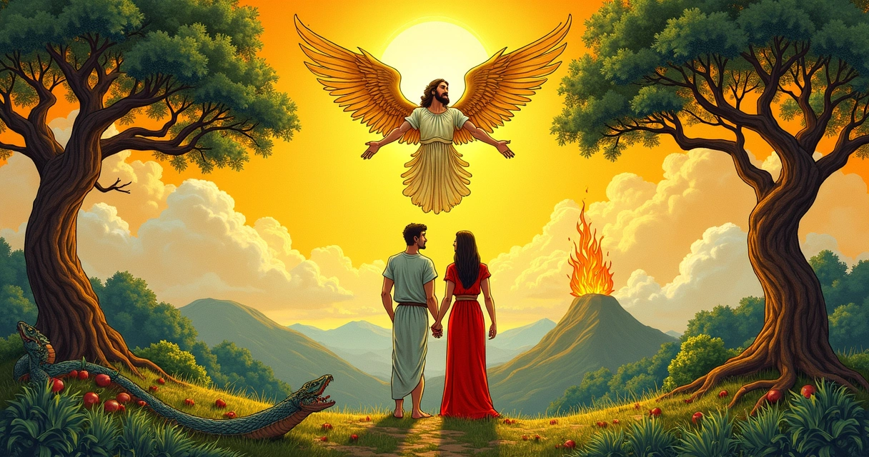 Traditional tarot illustration showing The Lovers card, with a man and woman beneath an angel and a radiant sun. 