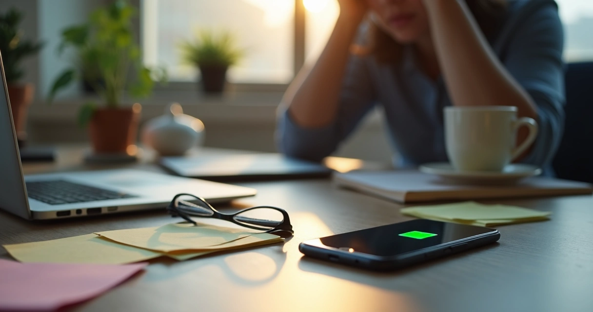 Phone with low battery beside a cluttered desk