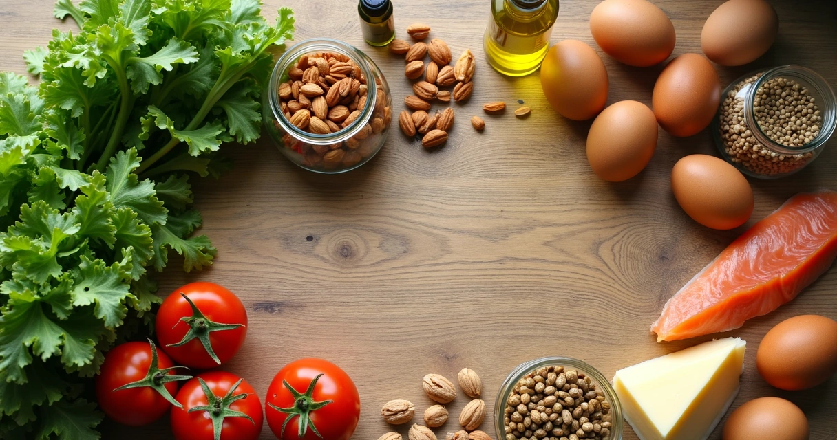 Assorted low-carb groceries on a wooden table 