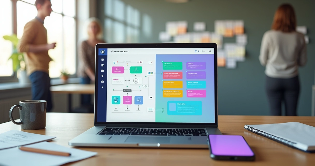 Profissional criando aplicativo em plataforma low-code na tela do notebook 