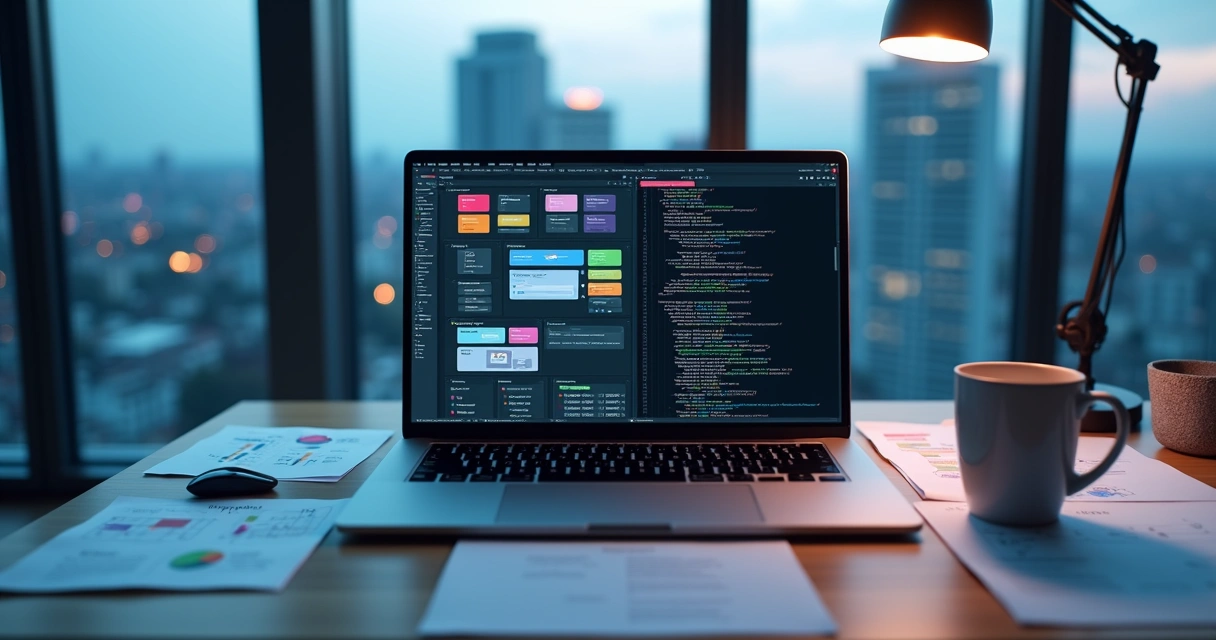 Comparação visual entre low-code e desenvolvimento tradicional para SaaS em tela de laptop 