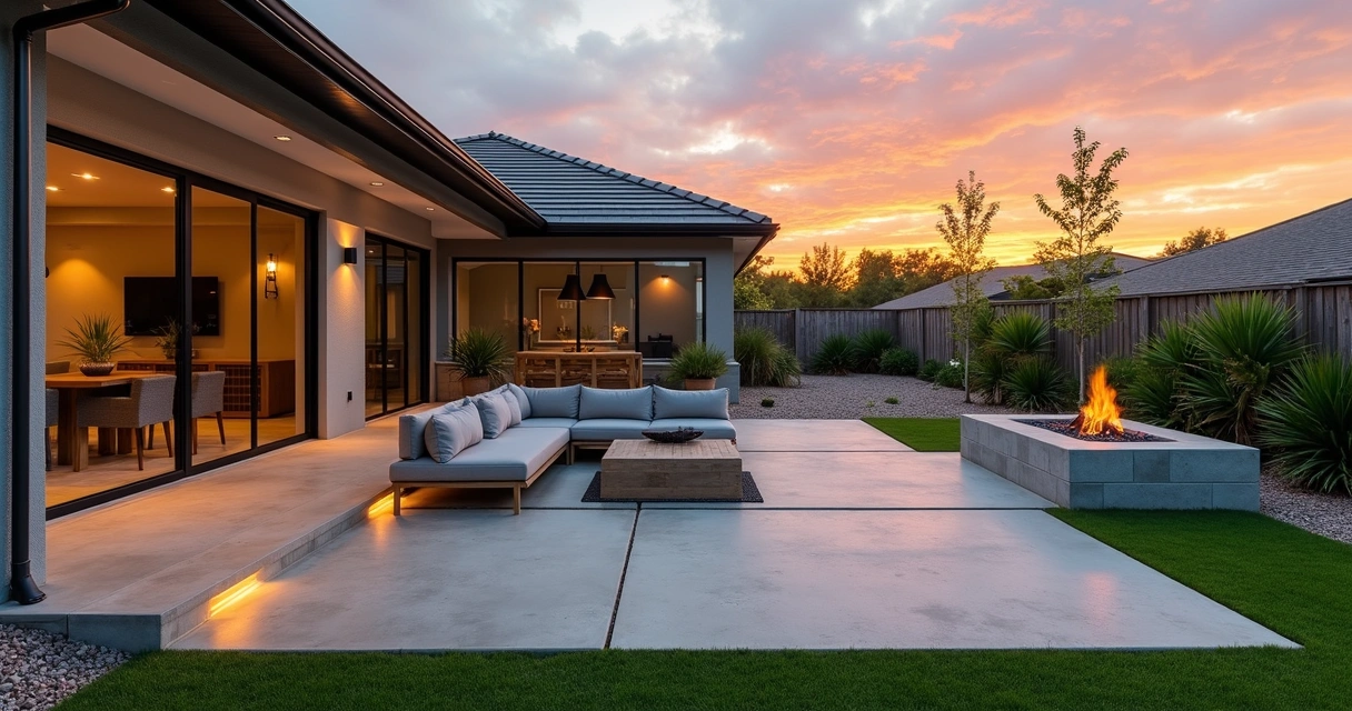 Modern low-maintenance patio in Orlando at sunset with concrete and pavers 
