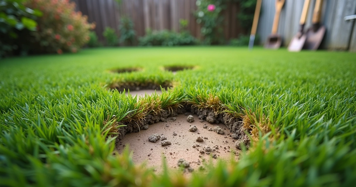 Worn and frayed artificial turf in a small yard
