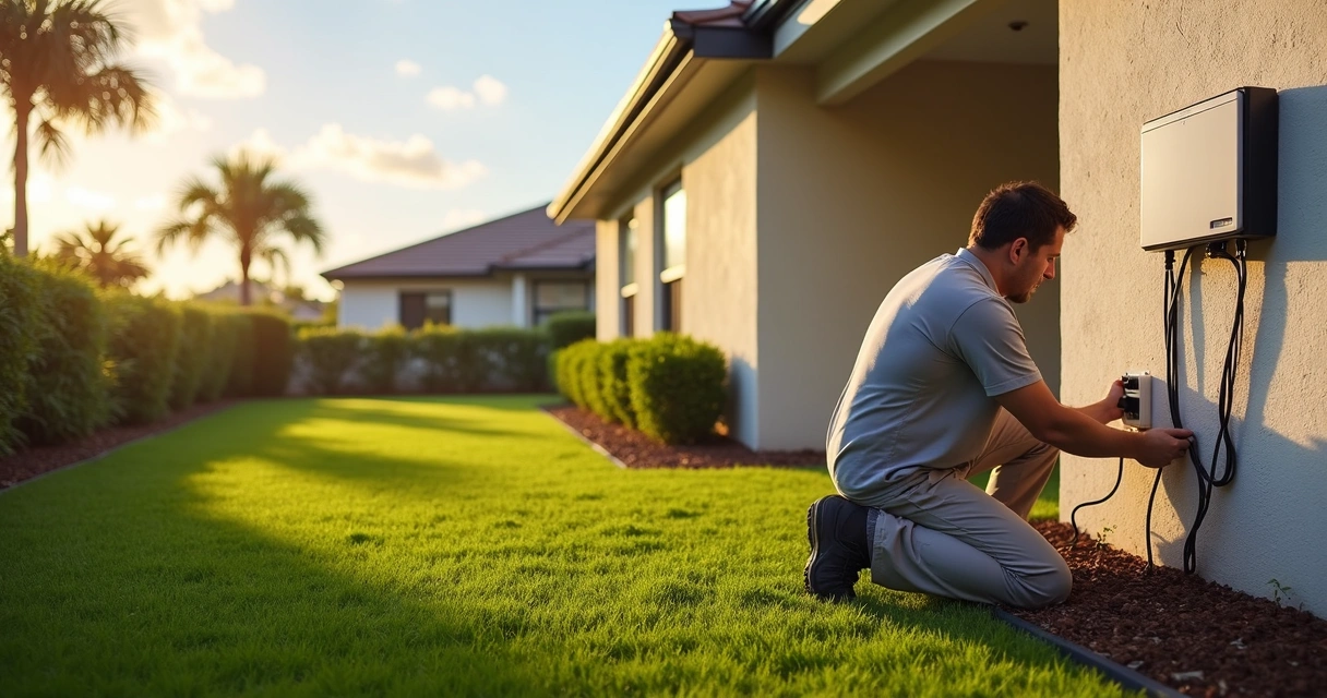 Technician adjusting low-voltage irrigation controller beside green turf lawn in Orlando home 
