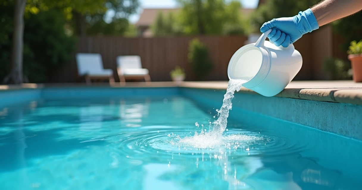 Pouring acid slowly into pool deep end with safety gear 
