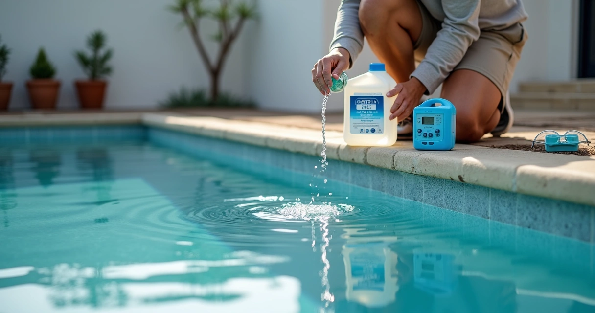 Person carefully adding liquid acid to pool water over a return jet 