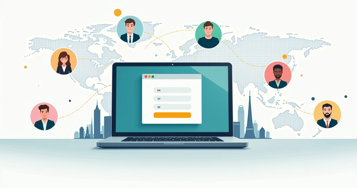 Landing page multilingue em tela central conectada a diversos países 