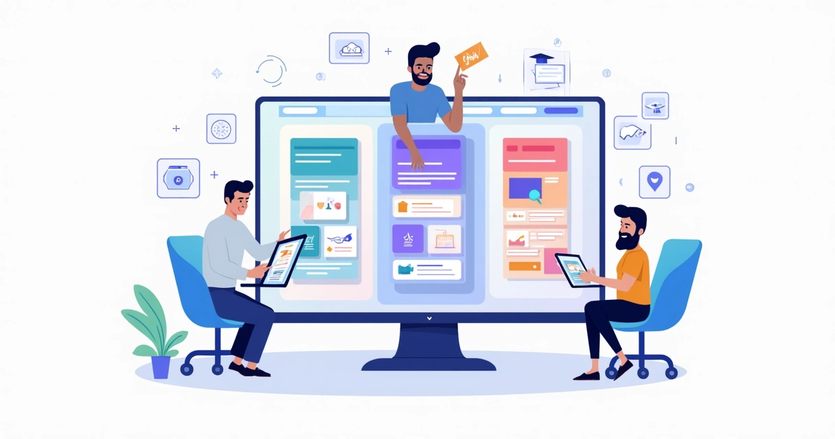 Ilustração de agência criando landing pages para múltiplos segmentos em um só painel 