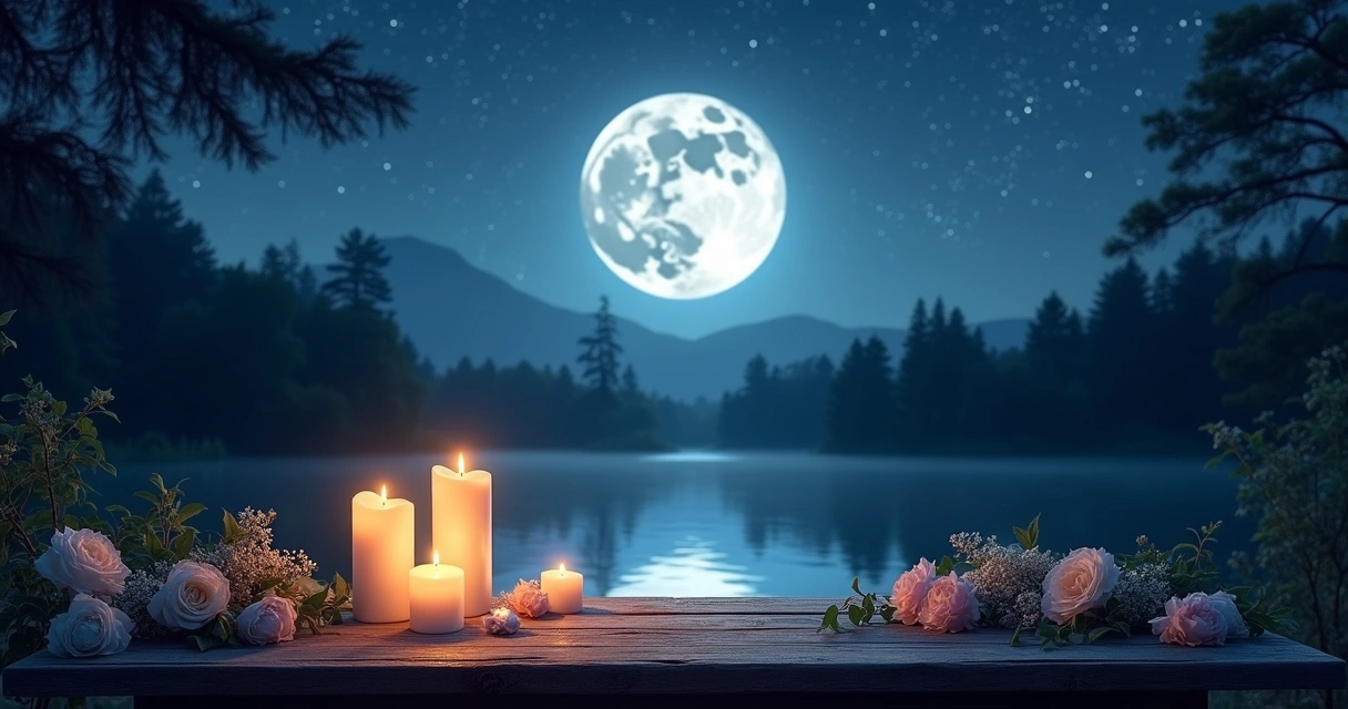Cena noturna mágica com lua cheia iluminando uma paisagem serena e uma mesa decorada com velas e cristais.