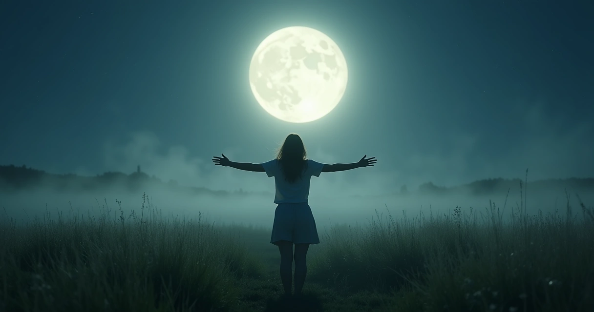 Mulher de braços abertos em campo iluminado pela lua cheia.