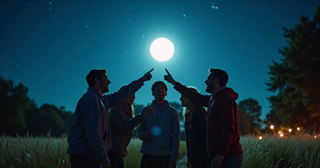 Grupo celebrando sob lua cheia e céu estrelado 