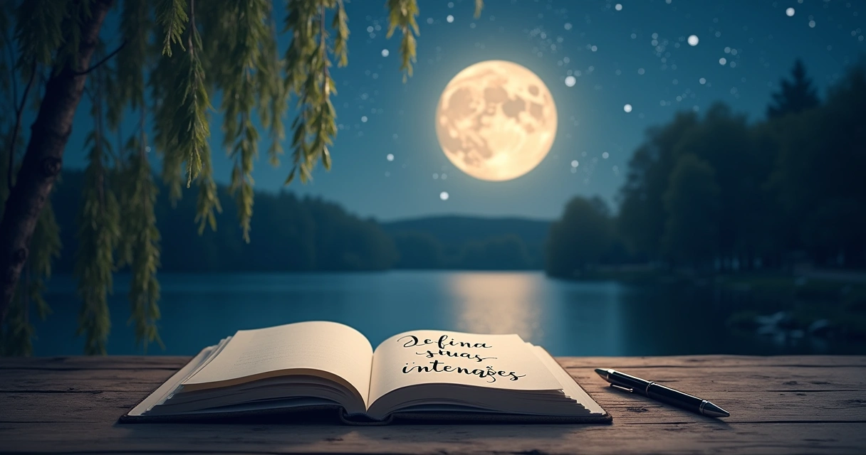 Uma cena tranquila de lua cheia refletida em um lago com um diário aberto e uma caneta ao lado.