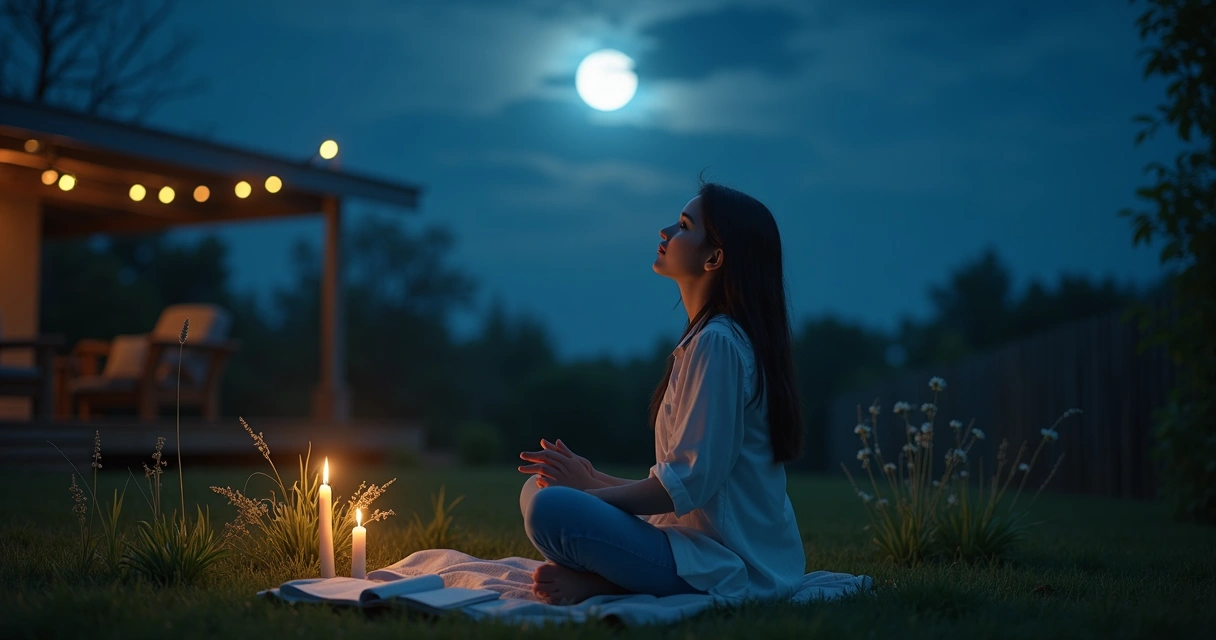 Pessoa meditando sob a luz da lua cheia no jardim 