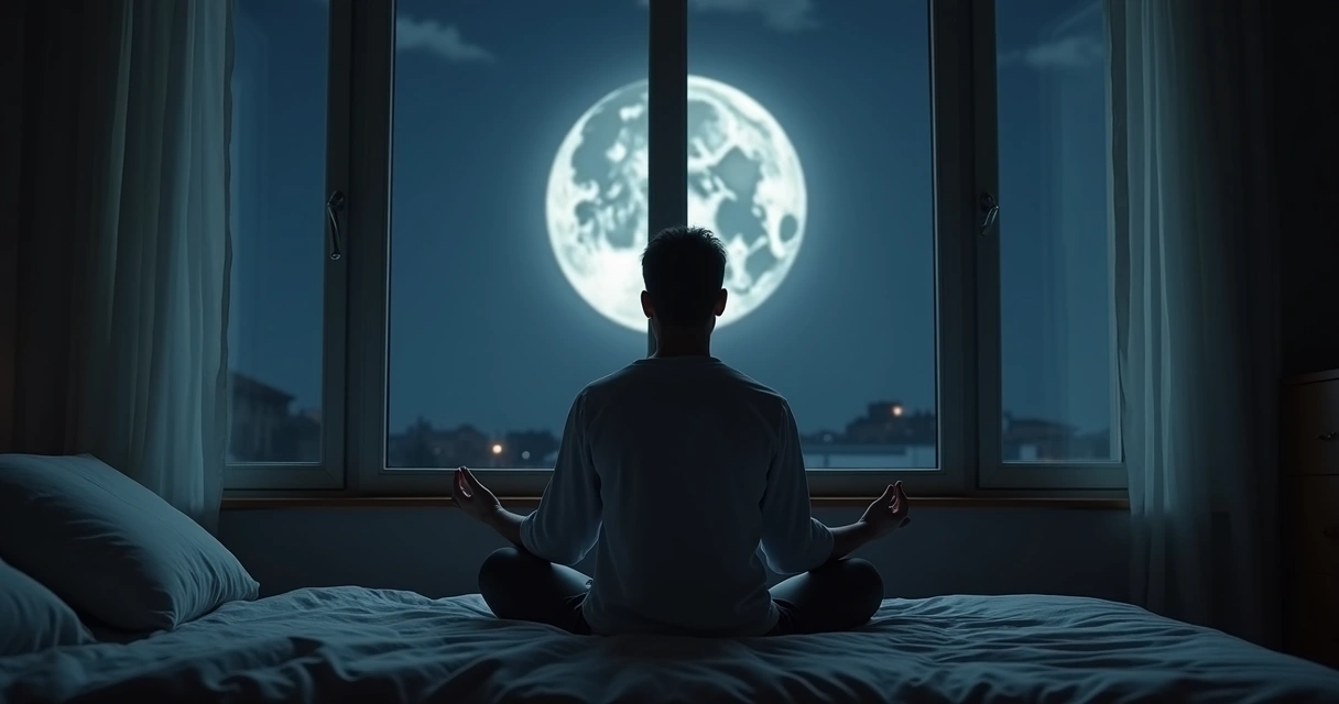 Pessoa em meditação com lua cheia ao fundo 