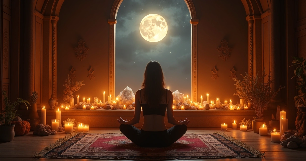 Altar com velas acesas durante ritual de lua cheia 