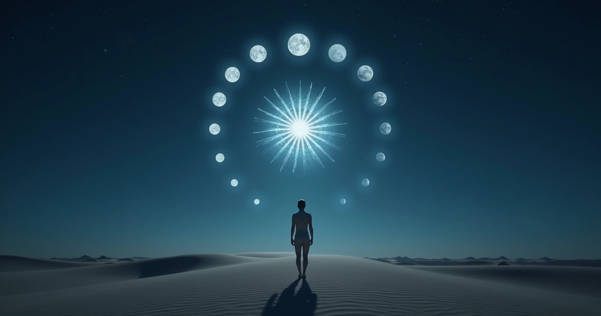 Roda lunar projetada sobre corpo humano em paisagem noturna minimalista 