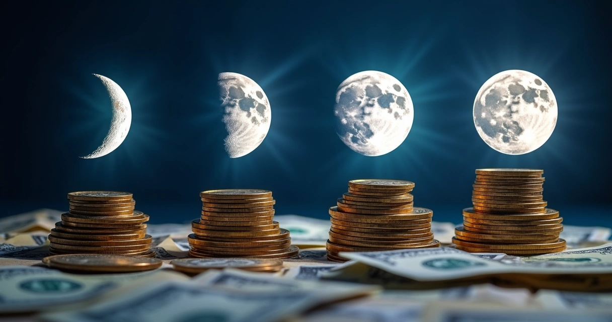 Fases da lua acima de representações de moedas e notas de dinheiro 
