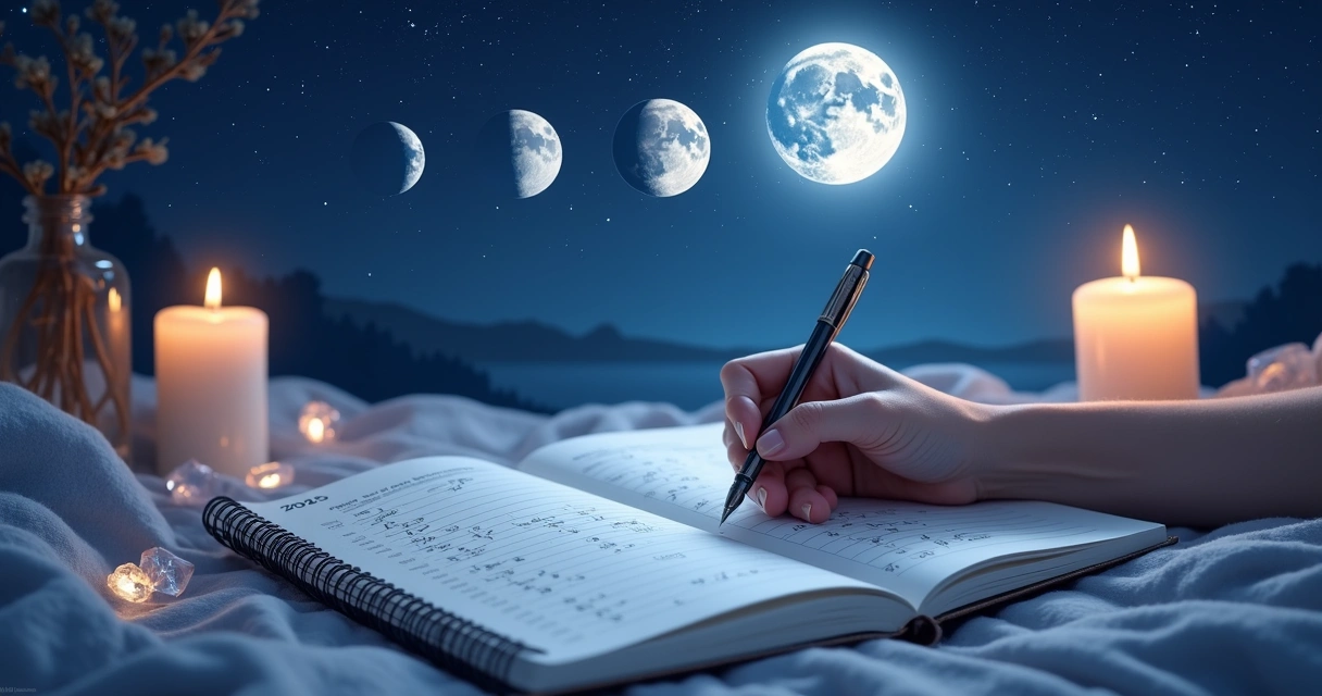 Fases da Lua desenhadas em um calendário lunar detalhado 