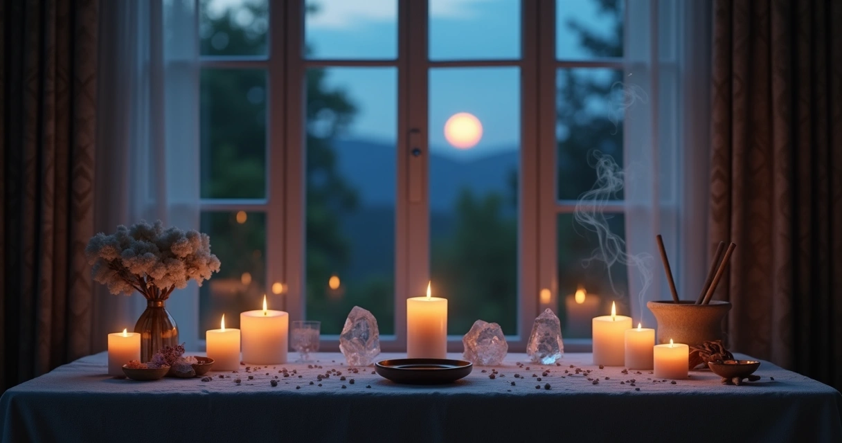 Mesa de ritual com cristais, velas brancas apagadas e fumaça de incenso diante de janela iluminada pela lua