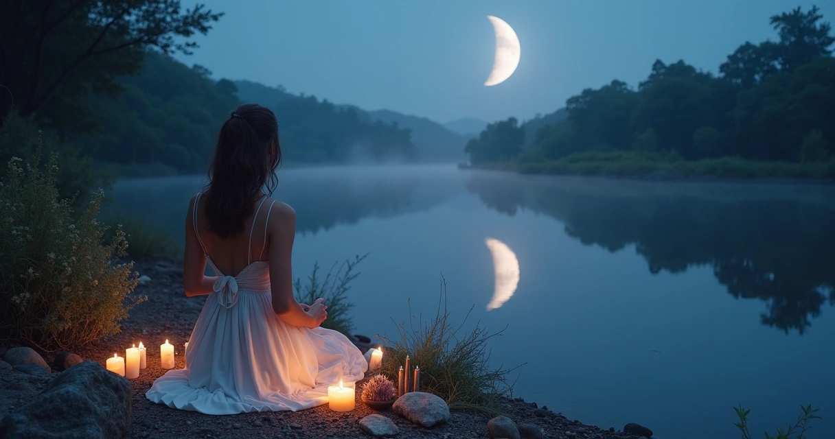 Céu noturno com lua minguante e elementos mágicos