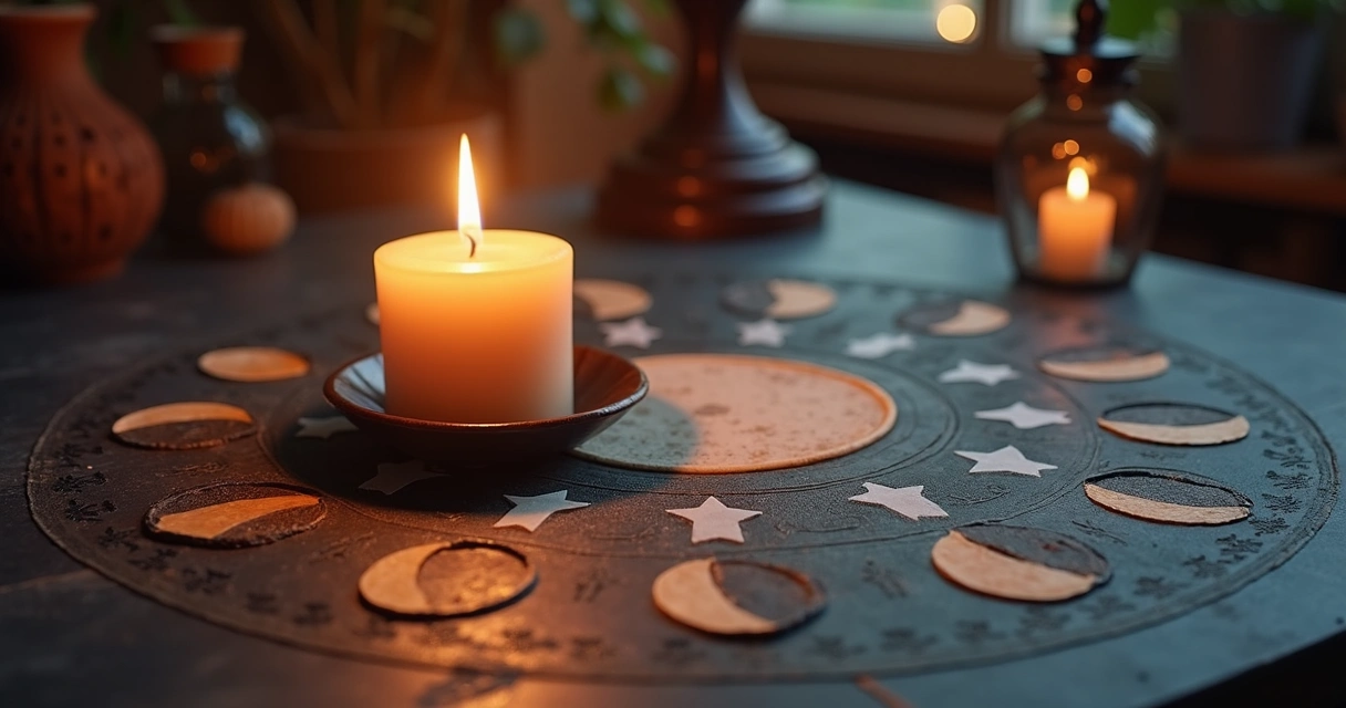 Vela acesa com lua minguante ao fundo e mesa ritualística 