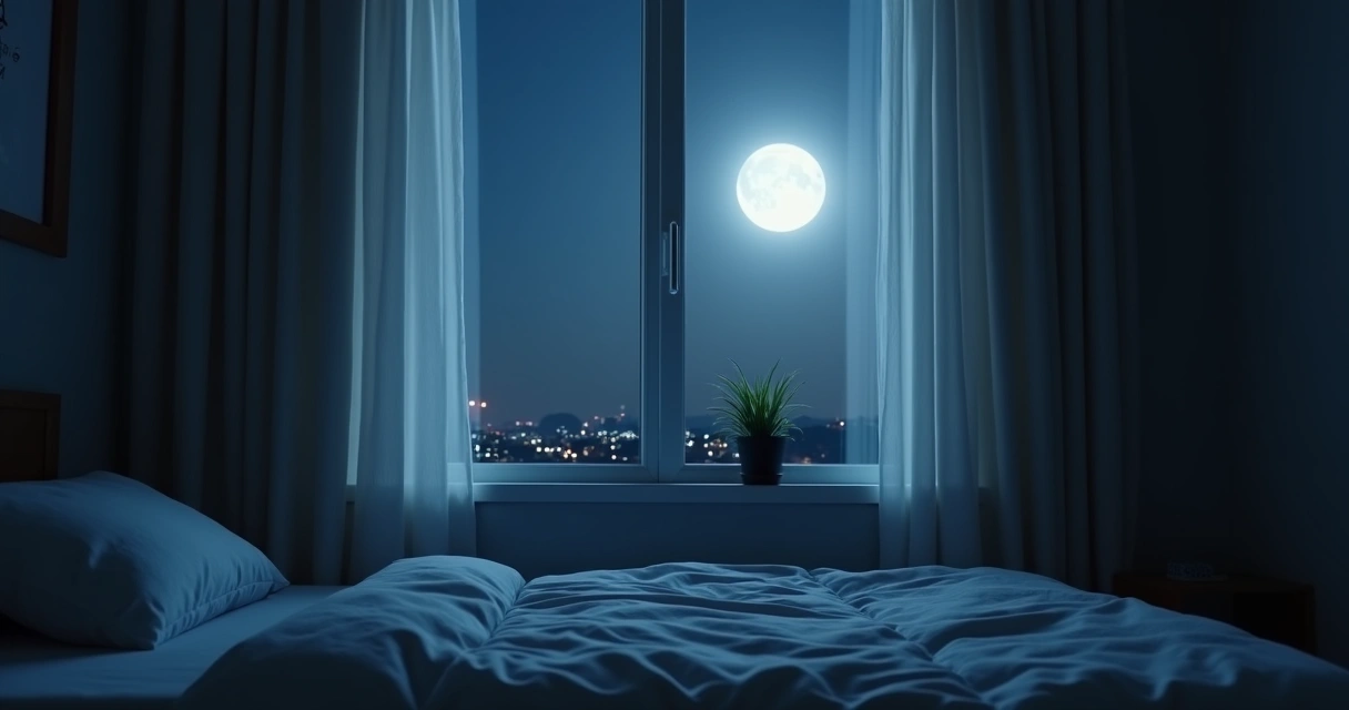 Lua vista pela janela em quarto silencioso