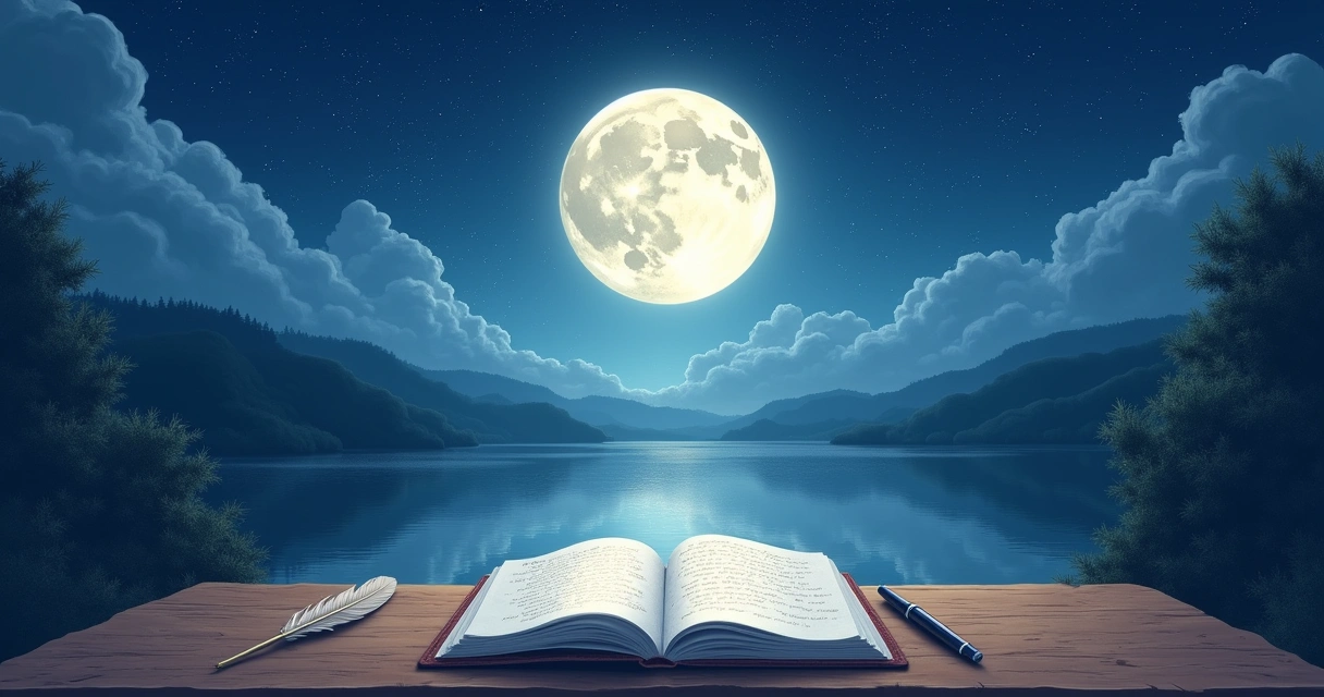 Ilustração de uma noite tranquila com uma lua nova, um lago, e um caderno de intenções em uma mesa de madeira.
