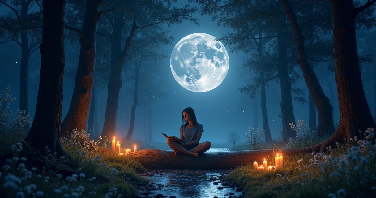 Um homem escrevendo em um caderno sob a luz da Lua Nova, rodeado por velas e uma floresta mágica.
