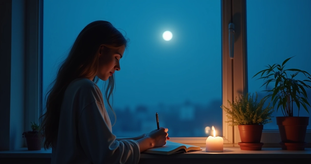 Mulher escreve metas em caderno sob luz da lua nova