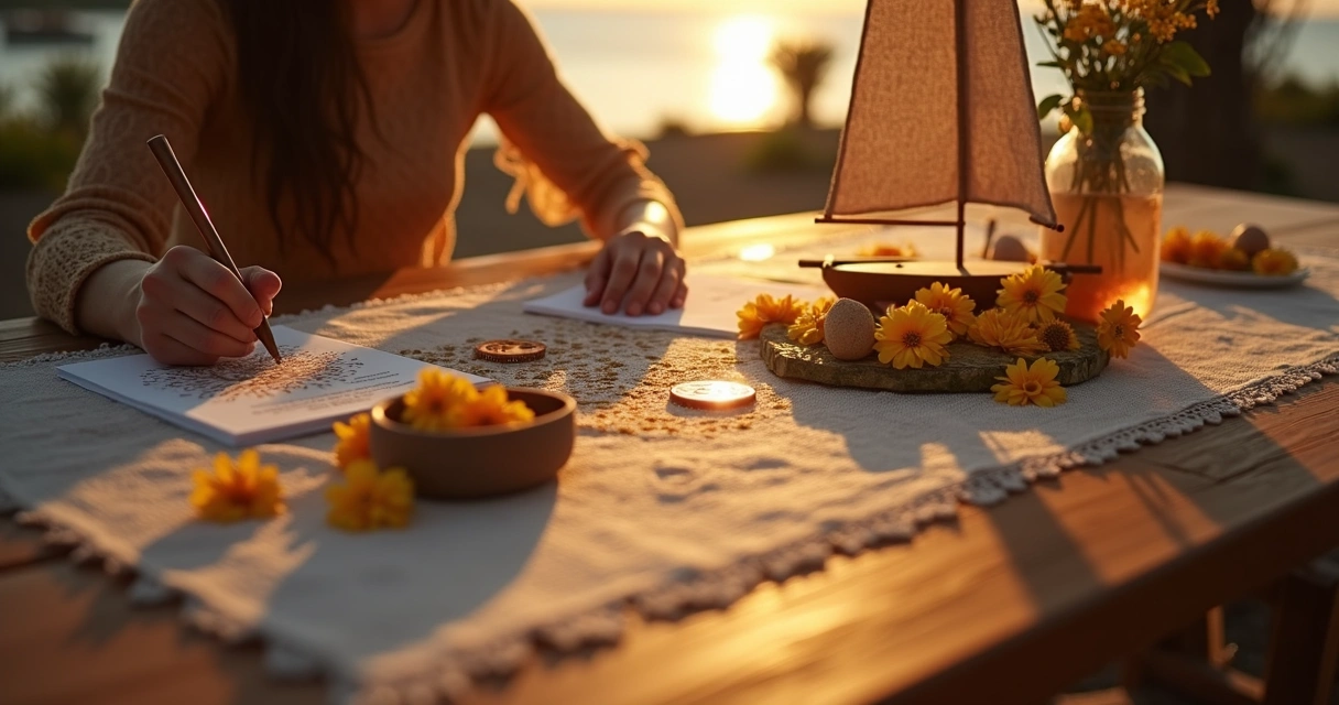 Mesa de madeira com simpatia para dinheiro, moedas, vela e folha branca 