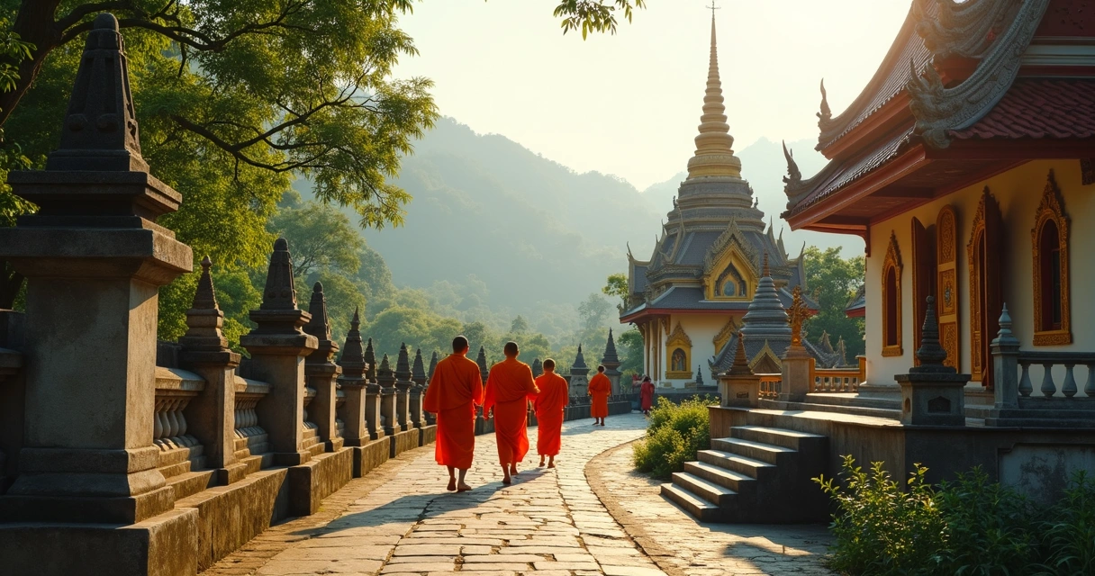 Templos budistas em Luang Prabang com monges caminhando 
