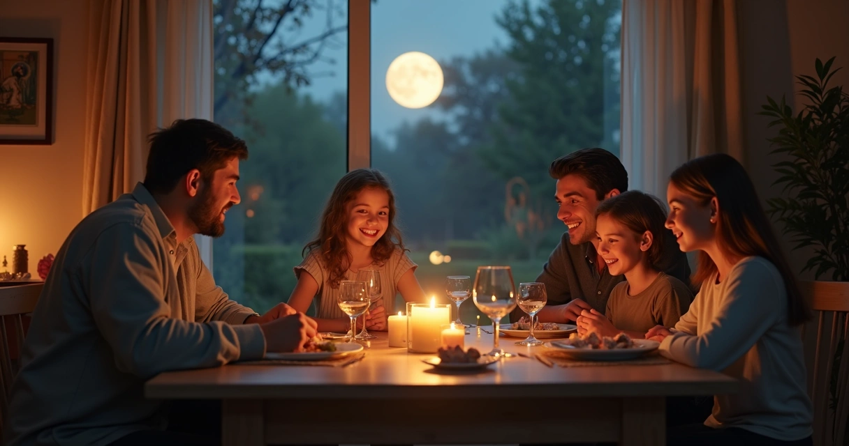 Mesa de jantar com família sorrindo durante noite de lua cheia pela janela 