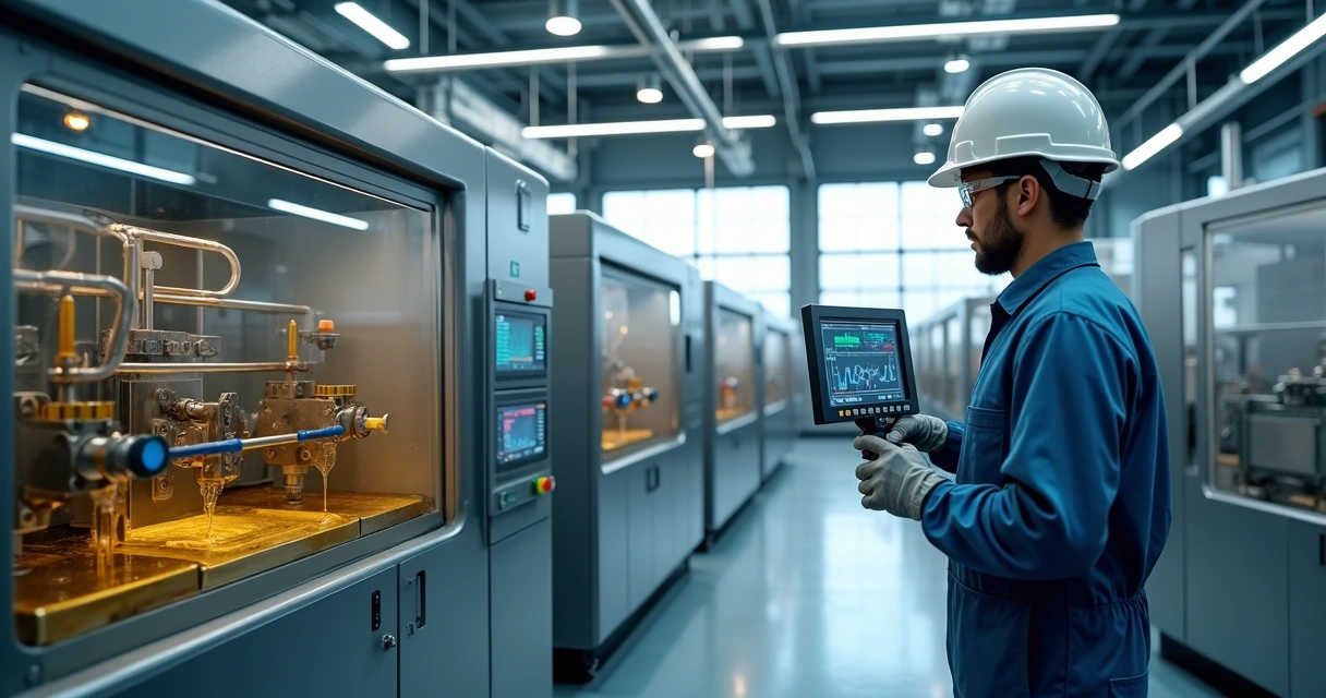 Técnico ajustando sistema de lubrificação em máquina industrial moderna 