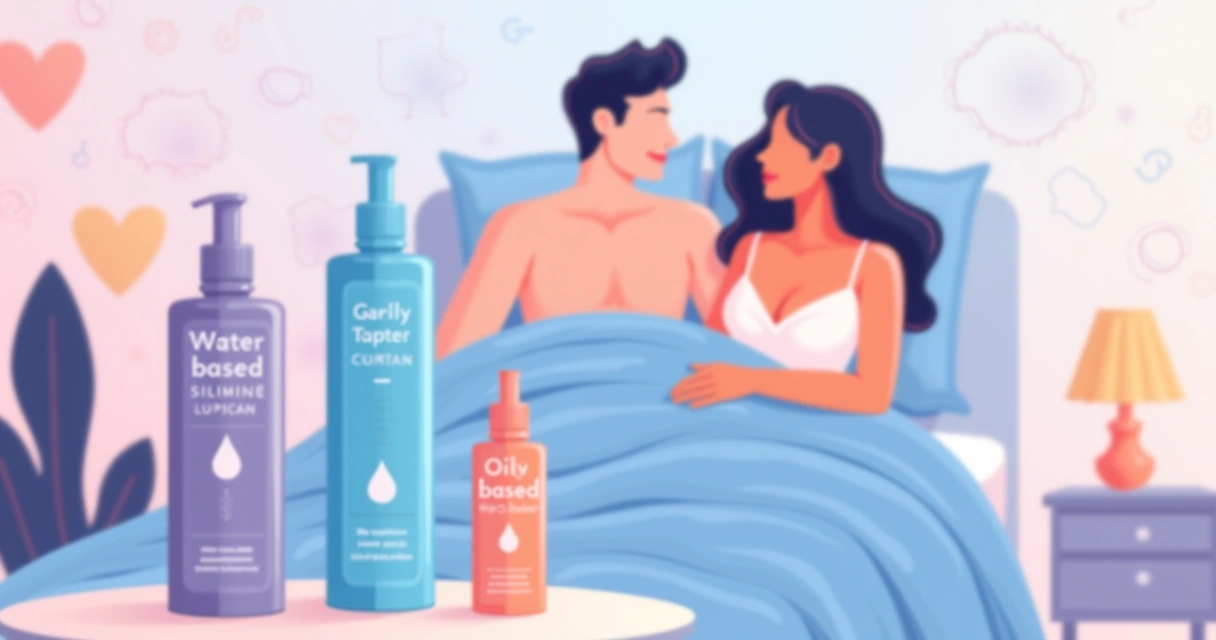 Ilustração de lubrificante íntimo ao lado de casal abraçado na cama 