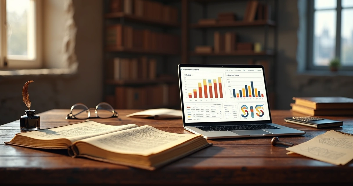 Mesa renascentista com livro antigo de contabilidade e laptop moderno lado a lado 