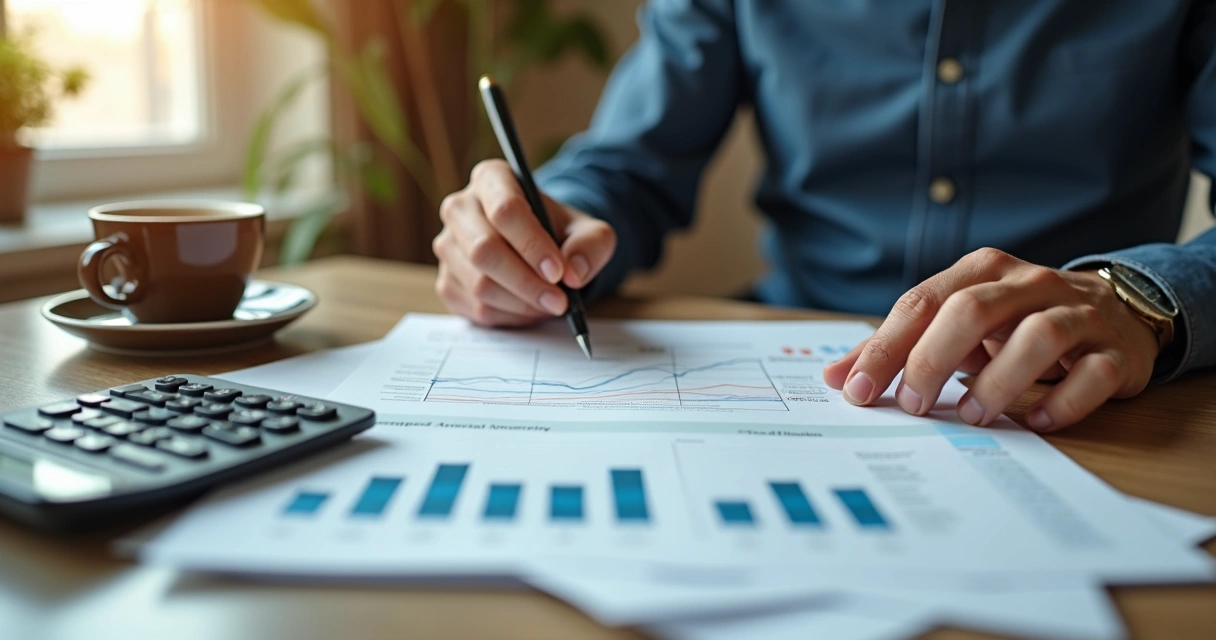 Homem olhando demonstrativo simples com calculadora ao lado, focado em números de vendas e margem. 