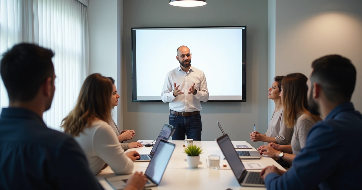Treinamento de vendas digital com pessoas reunidas e Lucas Feffer explicando em quadro branco 
