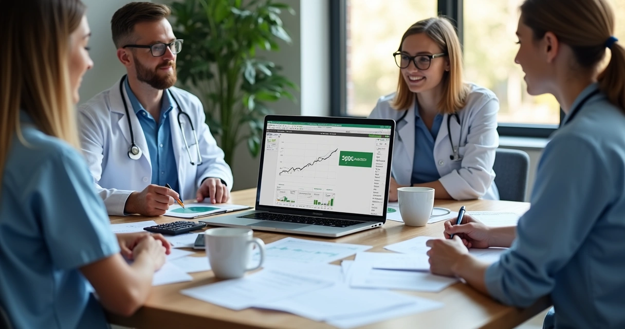 Reunião em clínica médica analisando lucros e dividendos 