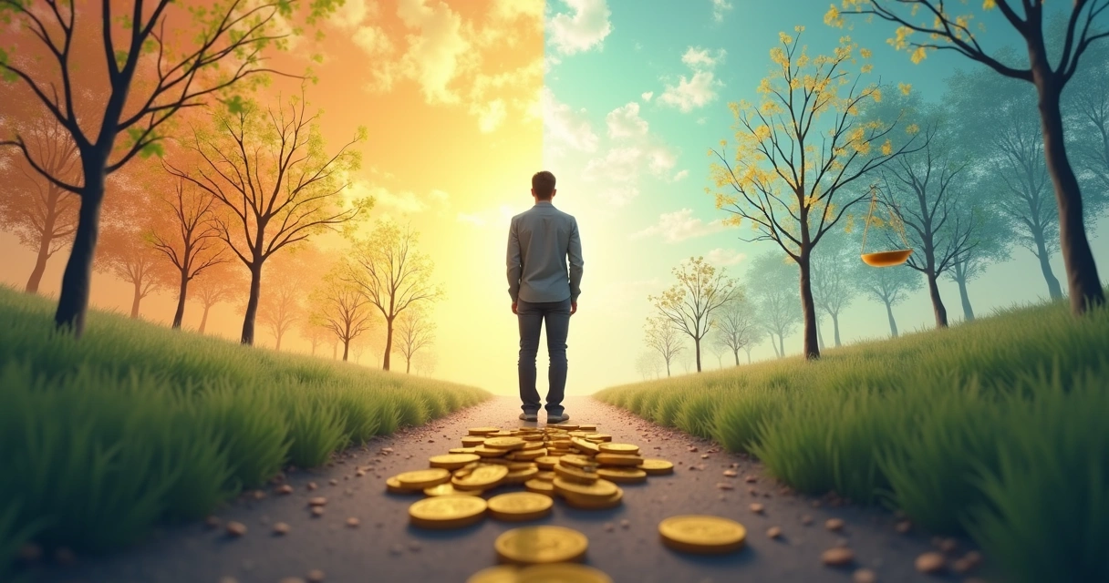 Pessoa dividida entre moedas de um lado e símbolo de justiça do outro 