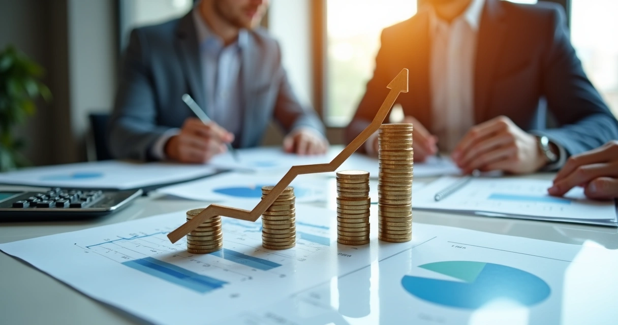 Gráfico crescente de lucro empresarial ao lado de planilhas e calculadora 