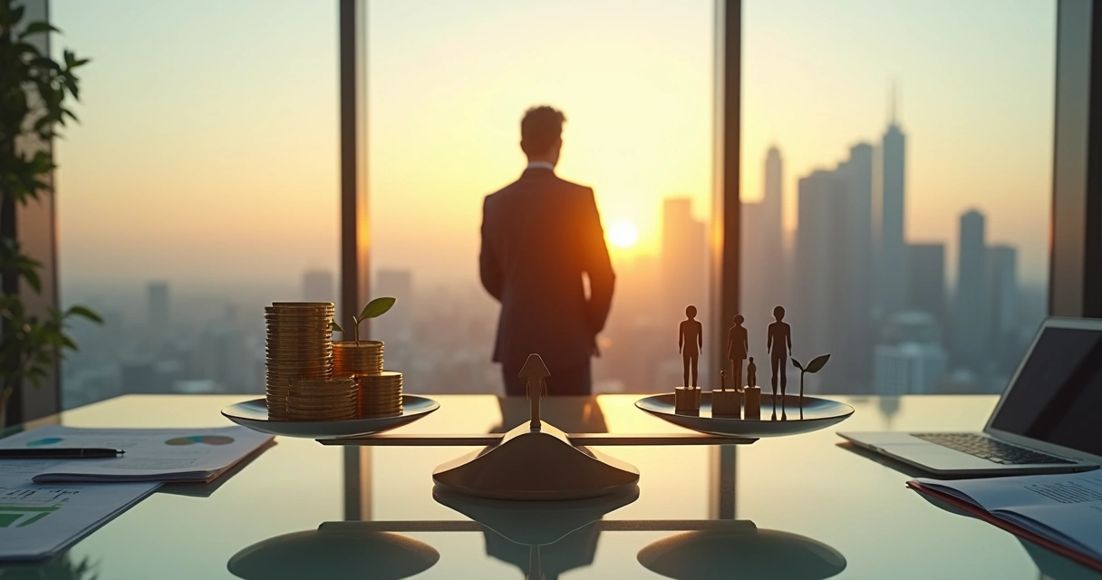 Executivo diante de balança equilibrando dinheiro e pessoas 