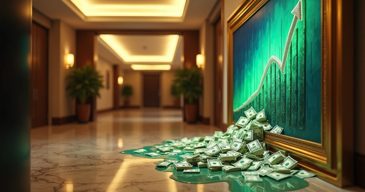 Notas de dinheiro derretendo em corredor de hotel elegante 