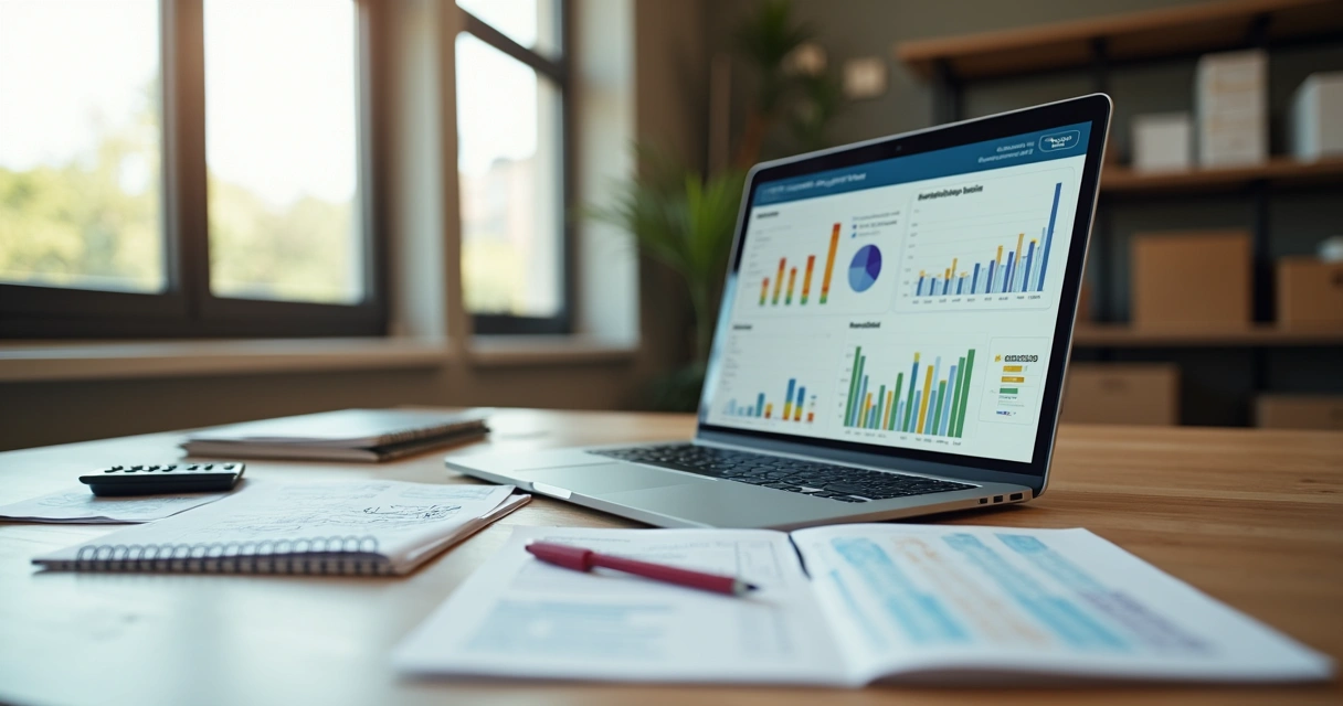 Empreendedor analisando lucro líquido em planilhas e gráficos de pequeno negócio 