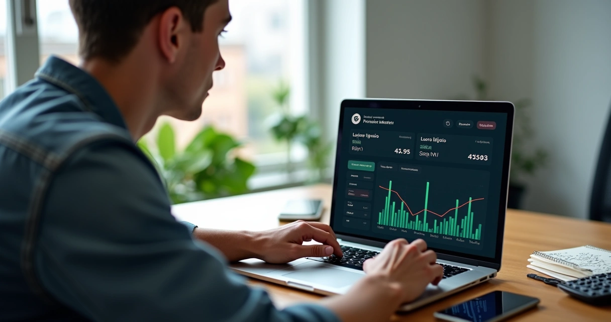 Pessoa analisando lucro líquido em previsões na tela do notebook 