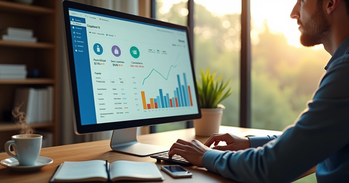 Produtor de curso online analisando tela com lucros crescendo na plataforma EAD 