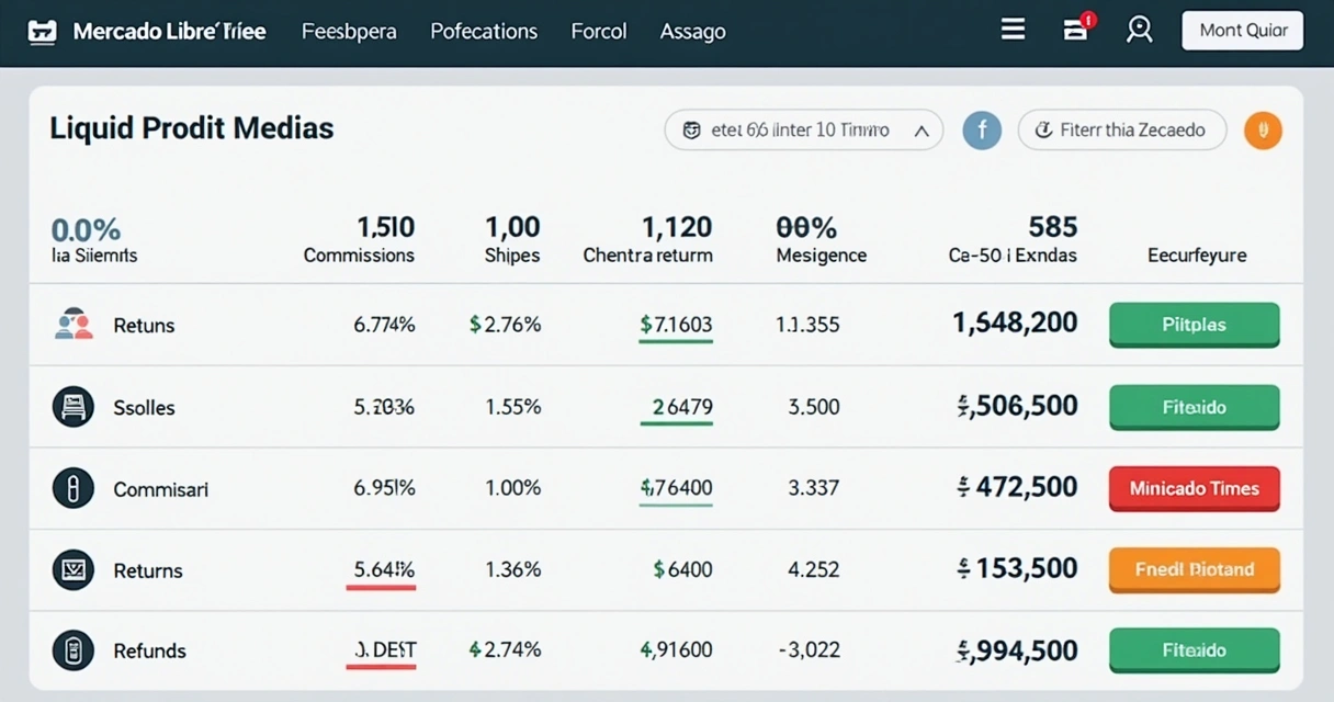 Dashboard de lucro líquido mostrando cálculos de taxas, frete e devoluções no Mercado Livre. 