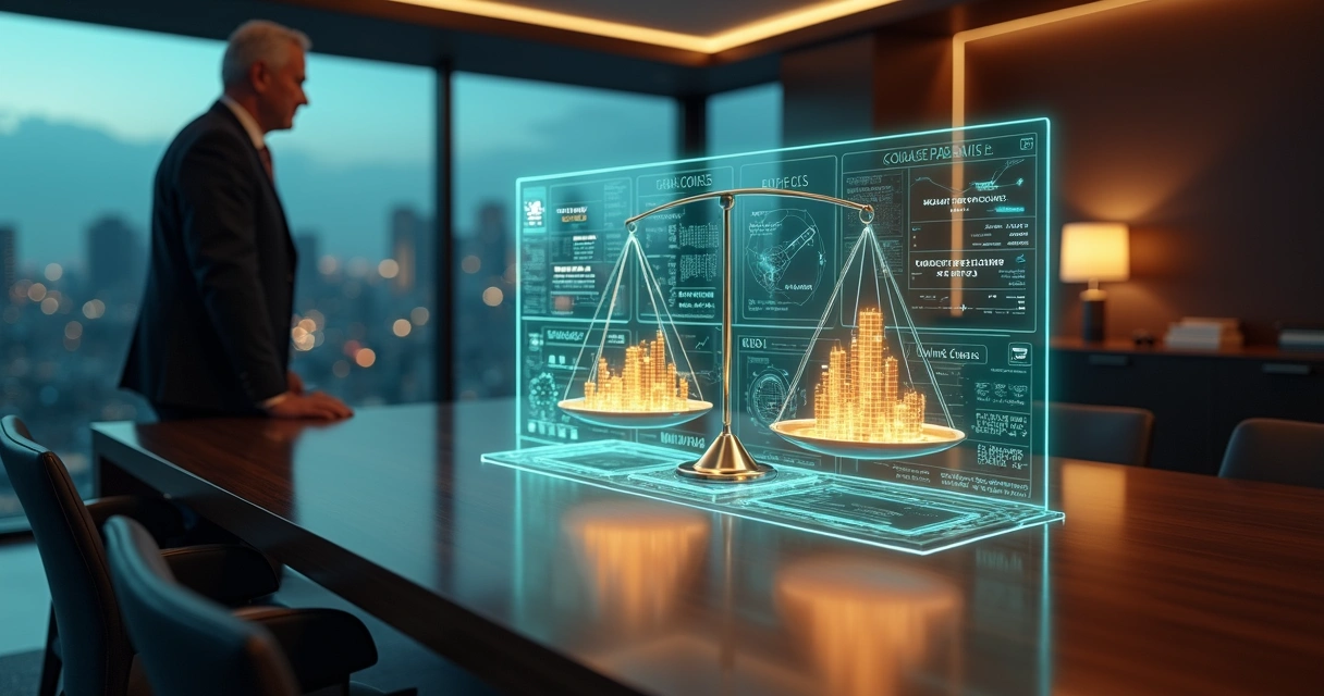 Executivo analisando balança digital com números de lucro real e impostos 
