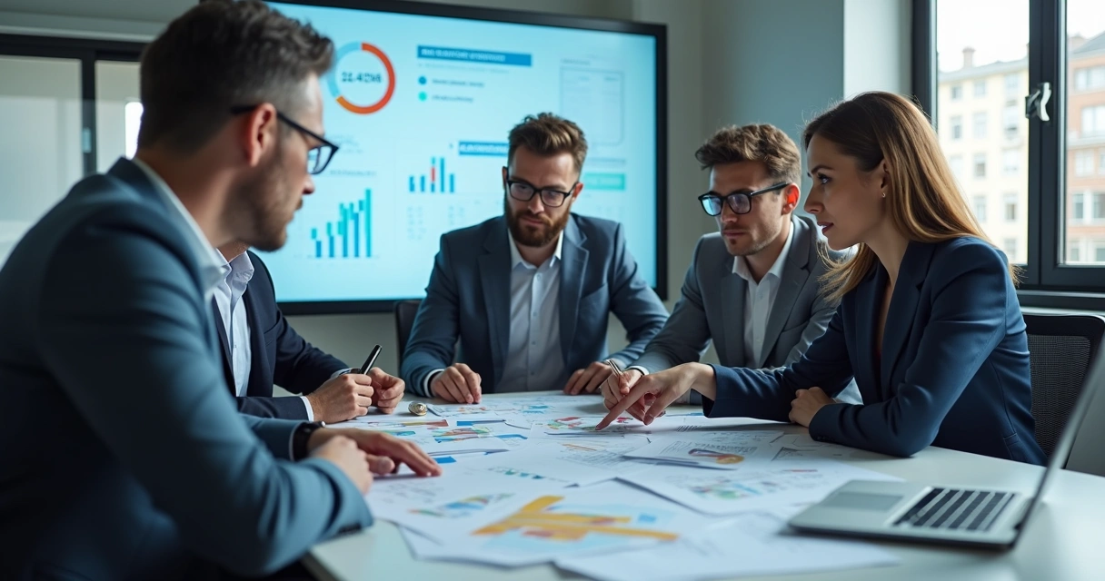 Sócios reunidos analisando planilhas financeiras numa reunião em escritório