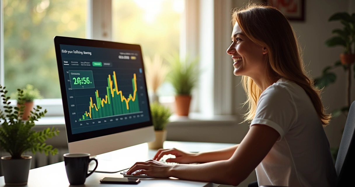 Pessoa feliz vendo saldo de afiliado no computador 