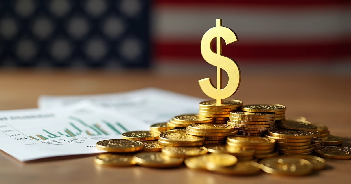 Como funciona a tributação de dividendos de empresas nos EUA 1 Pilha de moedas e símbolo do dólar com papéis representando lucros e dividendos